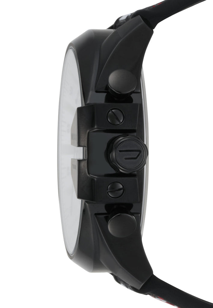 Diesel Mega Chief Chronograph Silver Dial Black Leather Strap Watch For Men - DZ4512 Buy Now By Diesel