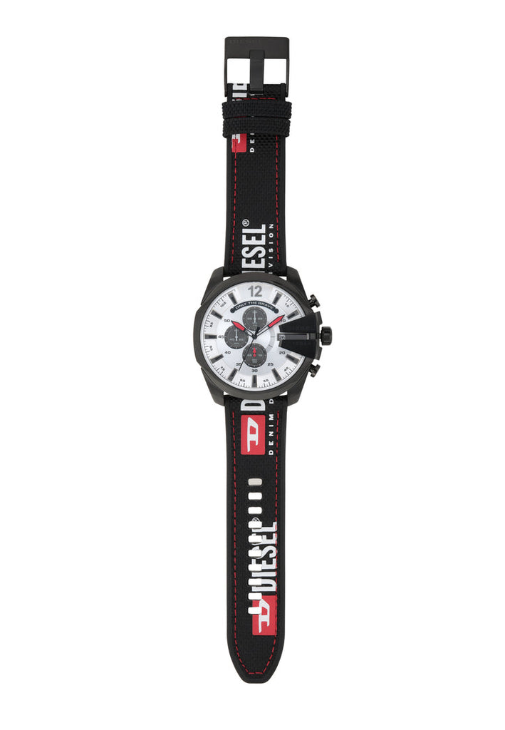 Diesel Mega Chief Chronograph Silver Dial Black Leather Strap Watch For Men - DZ4512 Buy Now By Diesel