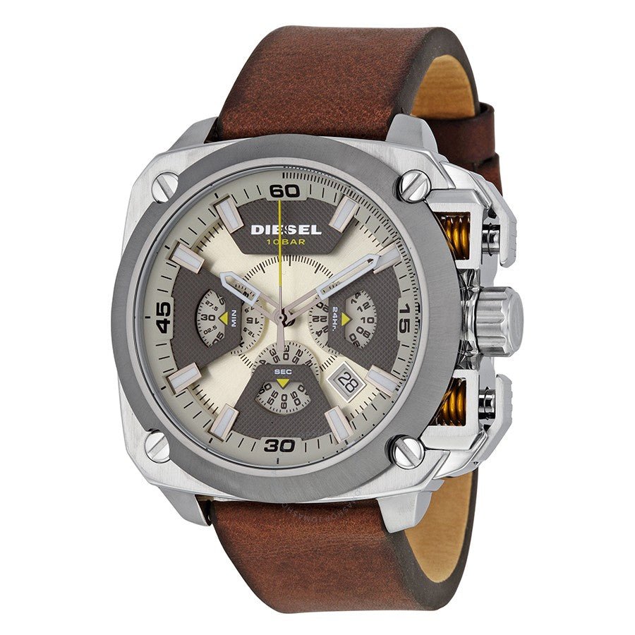 Diesel BAMF Chronograph Beige Dial Brown Leather Strap Watch For Men - DZ7343 Buy Now By Diesel