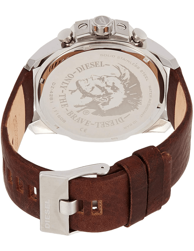 Diesel Mega Chief Chronograph Blue Dial Brown Leather Strap Watch For Men - DZ4281 Buy Now By Diesel
