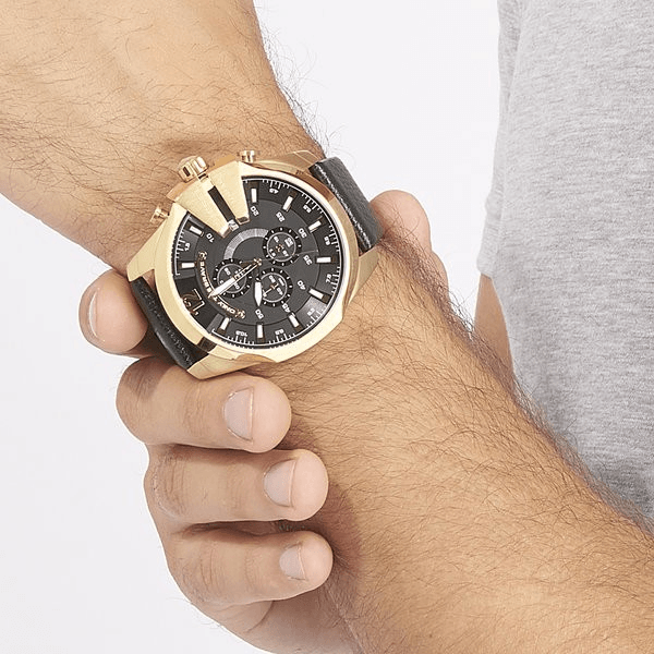 Diesel Mega Chief Chronograph Black Dial Black Leather Strap Watch For Men - DZ4344 Buy Now By Diesel