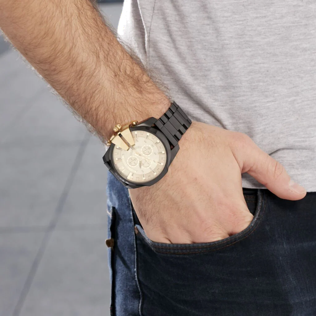 Diesel Mega Chief Chronograph Gold Dial Black Steel Strap Watch For Men - DZ4485 Buy Now By Diesel