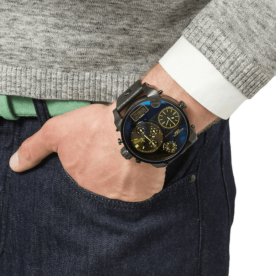 Diesel Big Daddy Blue Dial Black Leather Strap Watch For Men - DZ7127 Buy Now By Diesel