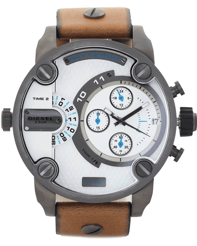 Diesel SBA Dual Time Chronograph White Dial Brown Leather Strap Watch For Men - DZ7269 Buy Now By Diesel