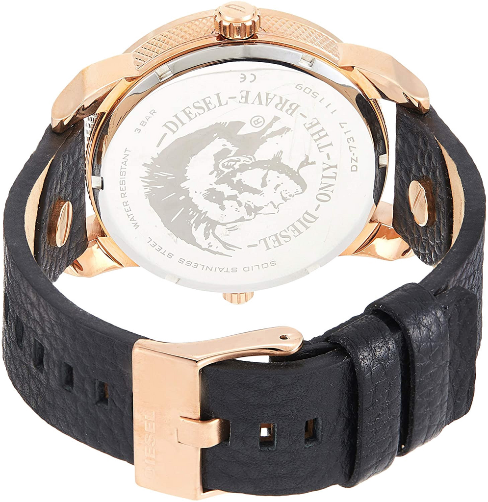 Diesel Mini Daddy Dual Time Black & Gold Dial Black Leather Strap Watch For Men - DZ7317 Buy Now By Diesel