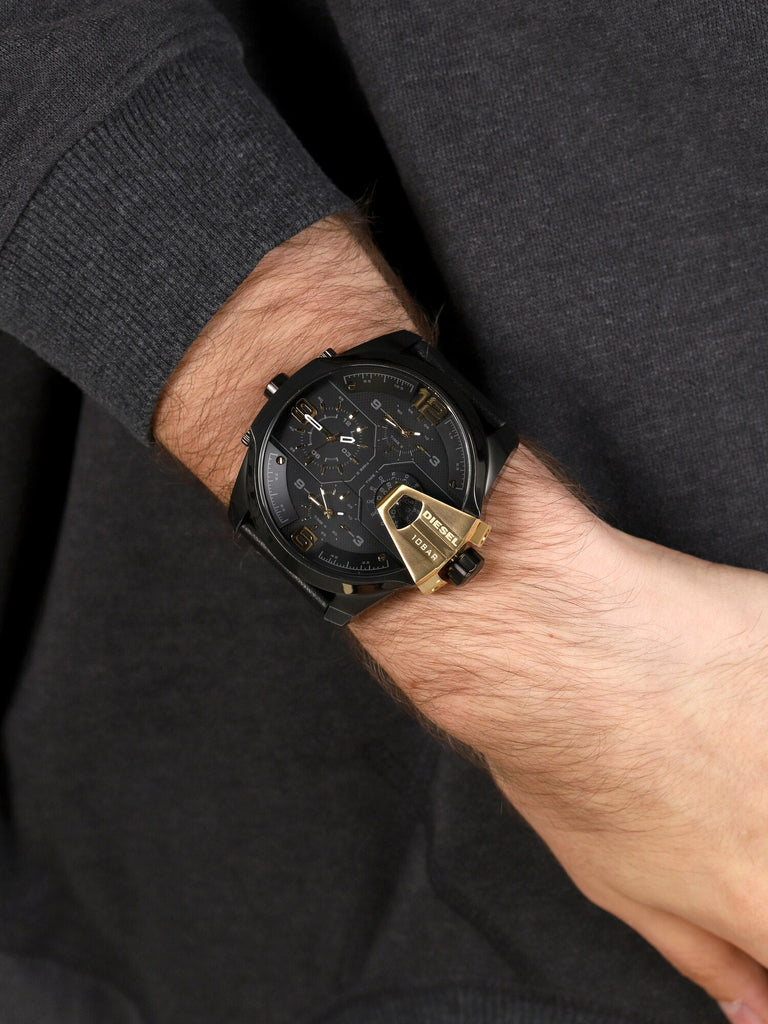 Diesel Uber Chief Two Hand Black Dial Black Leather Strap Watch For Men - DZ7377 Buy Now By Diesel