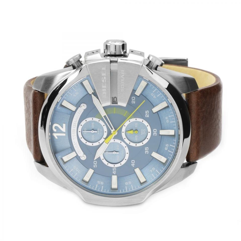 Diesel Mega Chief Chronograph Blue Dial Brown Leather Strap Watch For Men - DZ4281 Buy Now By Diesel