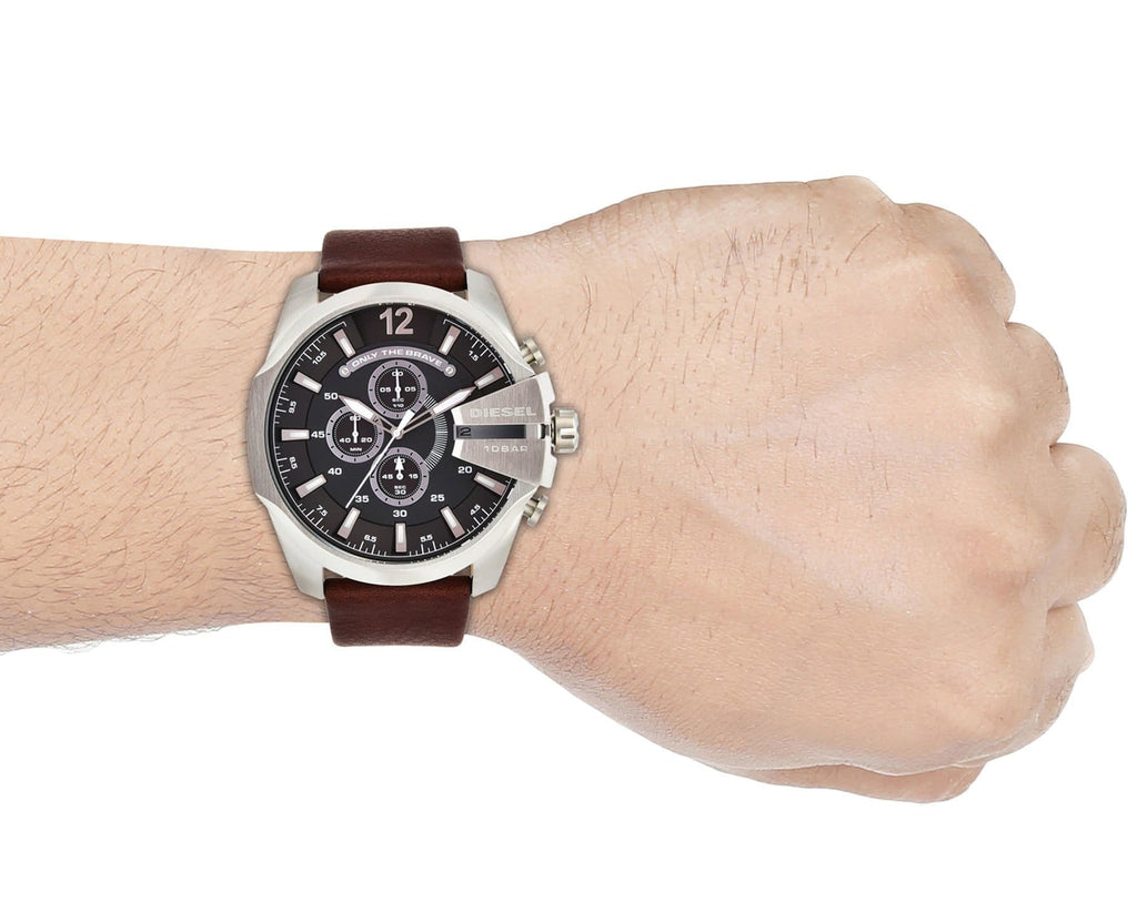 Diesel Mega Chief Chronograph Black Dial Brown Leather Strap Watch For Men - DZ4290 Buy Now By Diesel