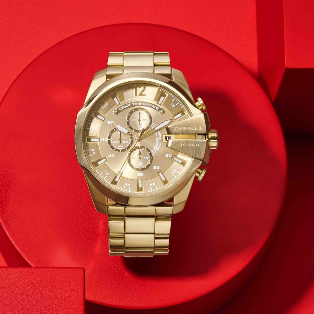 Diesel Mega Chief Chronograph Gold Dial Gold Steel Strap Watch For Men - DZ4360 Buy Now By Diesel