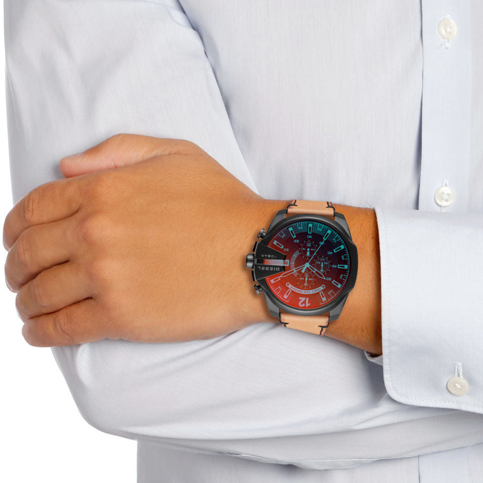 Diesel Mega Chief Chronograph Black Dial Brown Leather Strap Watch For Men - DZ4476 Buy Now By Diesel