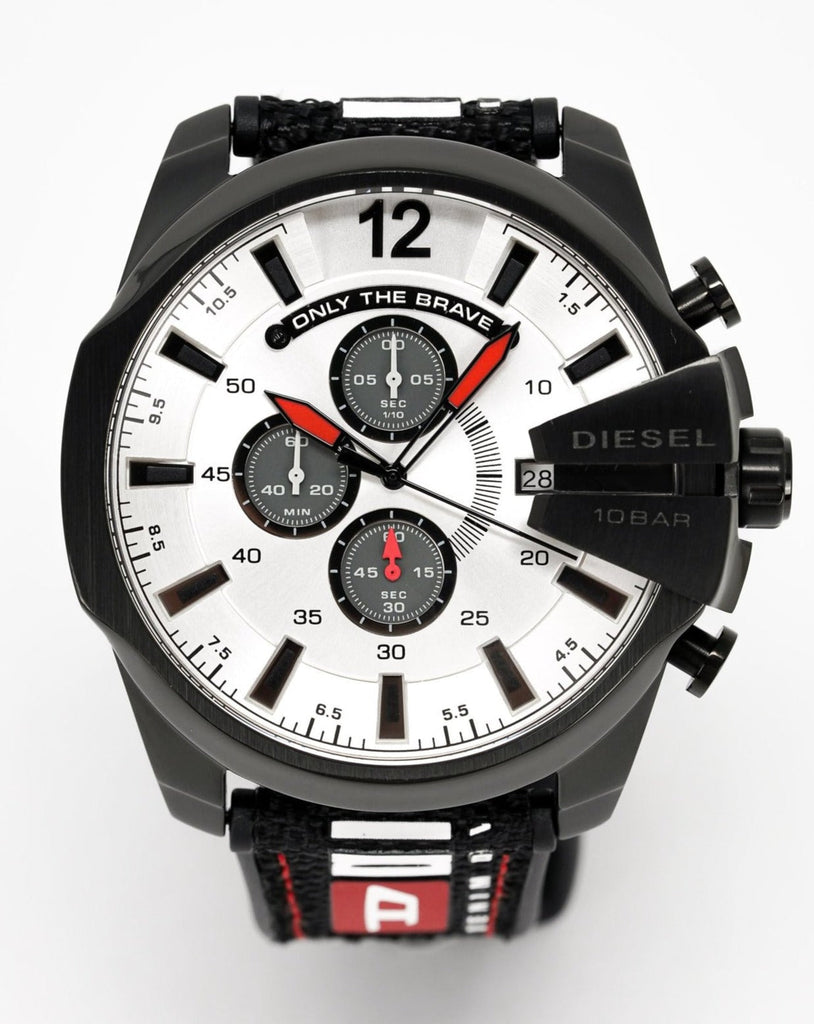 Diesel Mega Chief Chronograph Silver Dial Black Leather Strap Watch For Men - DZ4512 Buy Now By Diesel