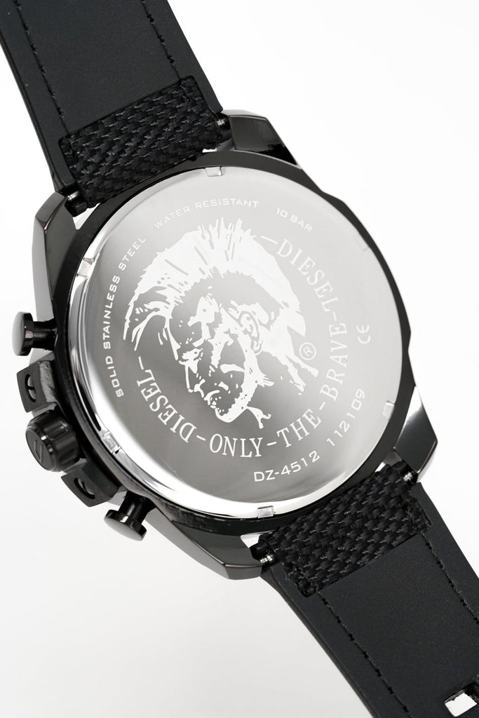 Diesel Mega Chief Chronograph Silver Dial Black Leather Strap Watch For Men - DZ4512 Buy Now By Diesel