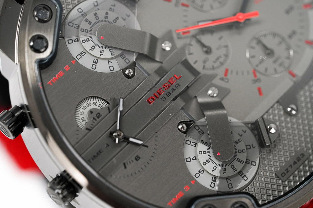 Diesel Mr Daddy 2.0 Chronograph Grey Dial Red Rubber Strap Watch For Men - DZ7423 Buy Now By Diesel