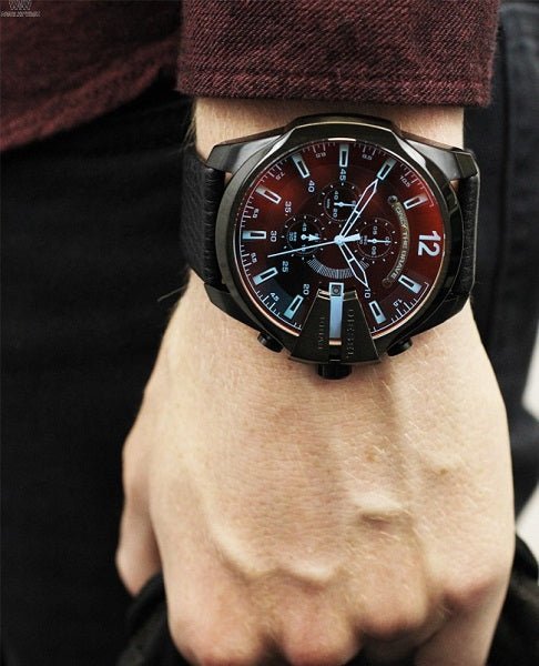 Diesel Mega Chief Chronograph Black Dial Black Leather Strap Watch For Men - DZ4323 Buy Now By Diesel