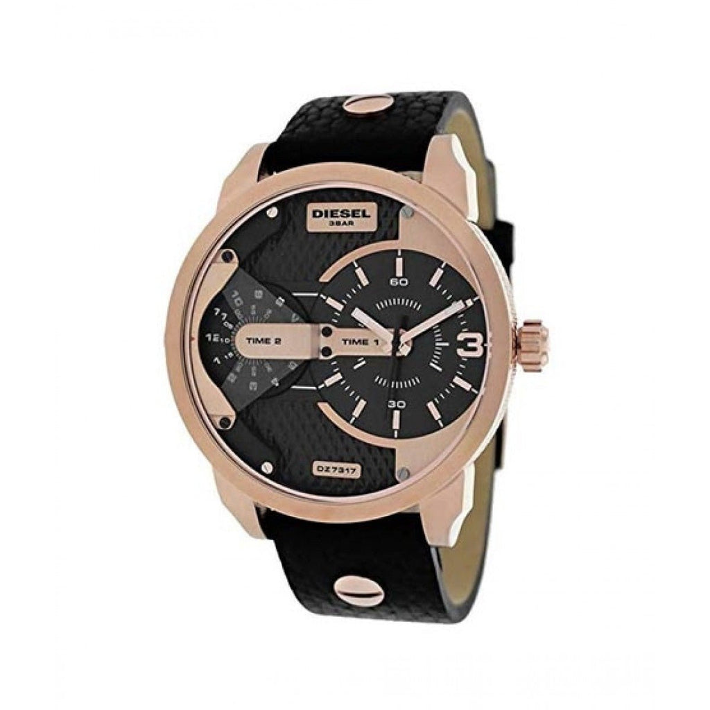 Diesel Mini Daddy Dual Time Black & Gold Dial Black Leather Strap Watch For Men - DZ7317 Buy Now By Diesel