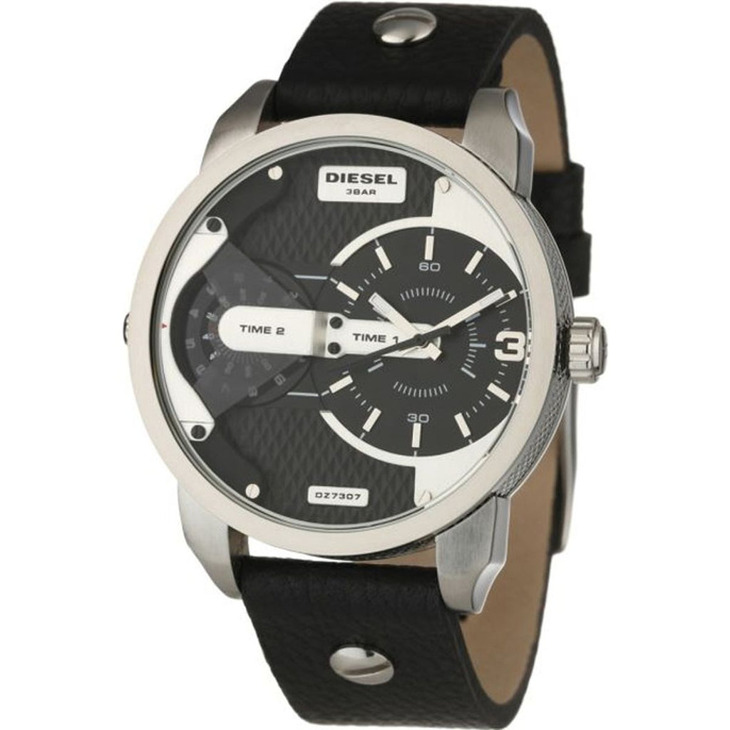 Diesel Mini Daddy Black Silver Dial Black Leather Strap Watch For Men - DZ7307 Buy Now By Diesel