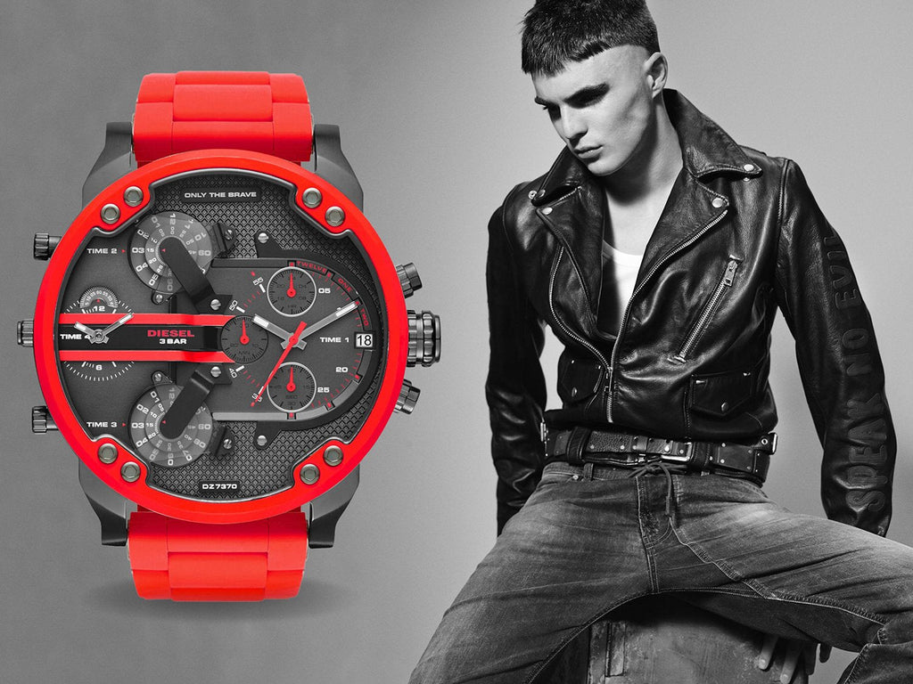 Diesel Mr Daddy 2.0 Chronograph Black Dial Red Silicone Strap Watch For Men - DZ7370 Buy Now By Diesel