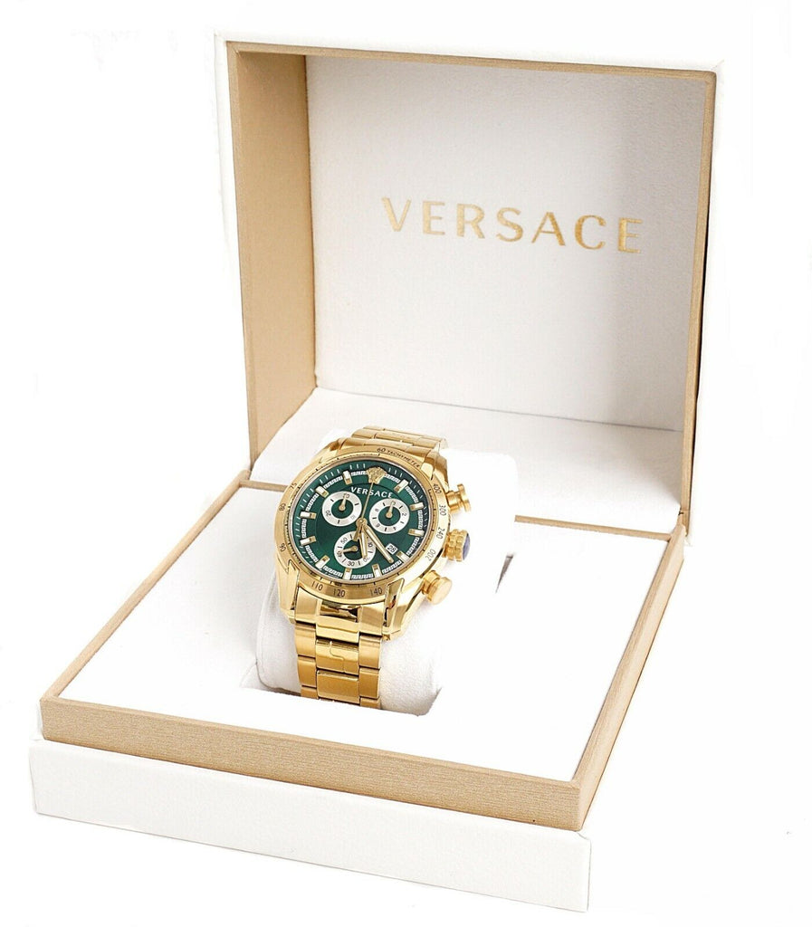 Versace V-Ray Chronograph Quartz Green Dial Gold Steel Strap Watch For Men - VE2I00621 Buy Now By Versace