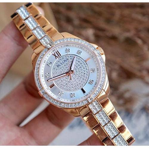 Bulova Crystal Collection Silver Dial Rose Gold Steel Strap Watch for Women - 98L229 Buy Now By Bulova