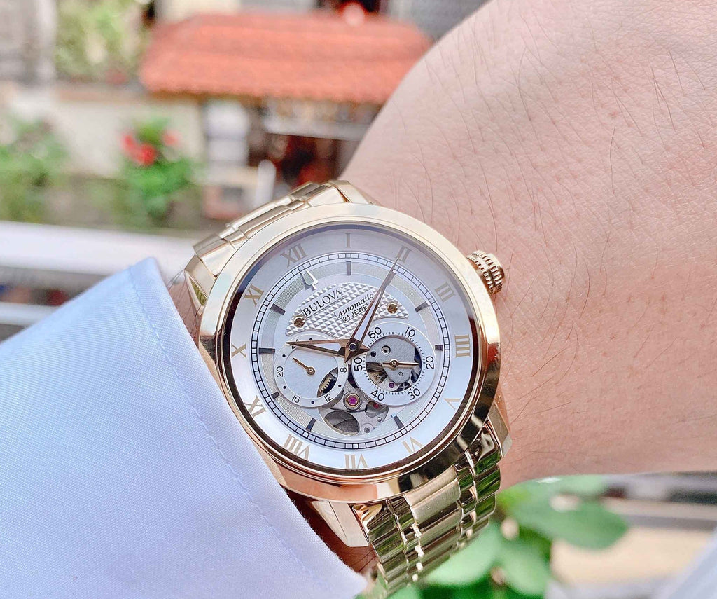 Bulova BVA Skeleton Silver Dial Gold Steel Strap Watch for Men - 97A108 Buy Now By Bulova