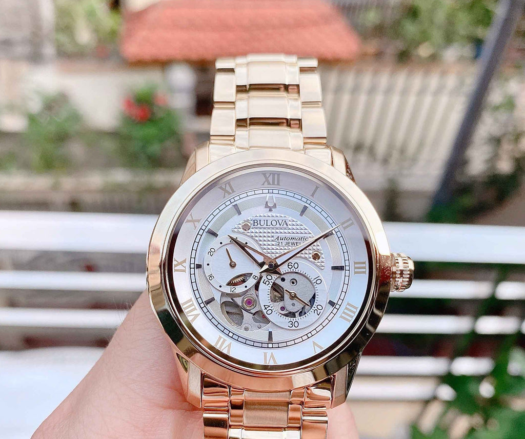 Bulova BVA Skeleton Silver Dial Gold Steel Strap Watch for Men - 97A108 Buy Now By Bulova