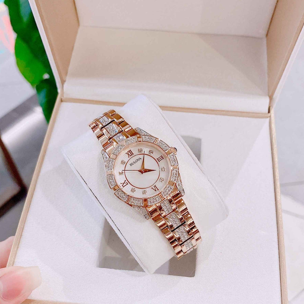 Bulova Crystal Mother of Pearl Dial Rose Gold Steel Strap Watch for Women - 98L197 Buy Now By Bulova