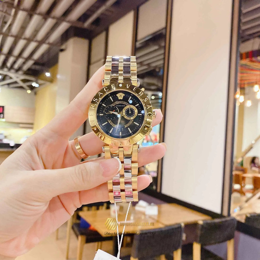 Versace V-Race Quartz Black Dial Gold Steel Strap Watch For Men - VEBV00519