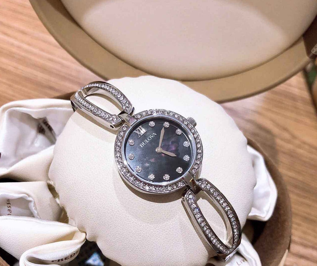 Bulova Crystal Black Mother of Pearl Dial Silver Steel Strap Watch for Women - 96L224 Buy Now By Bulova