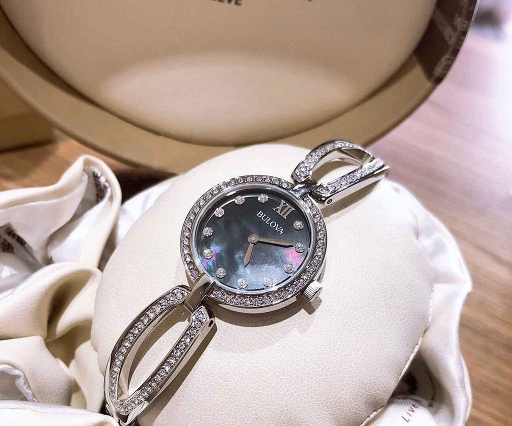 Bulova Crystal Black Mother of Pearl Dial Silver Steel Strap Watch for Women - 96L224 Buy Now By Bulova