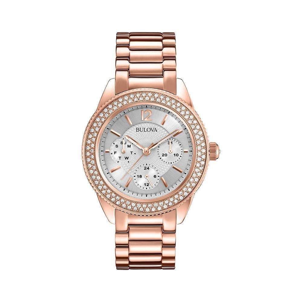 Bulova Crystal Silver Dial Rose Gold Steel Strap Watch for Women - 97N101 Buy Now By Bulova