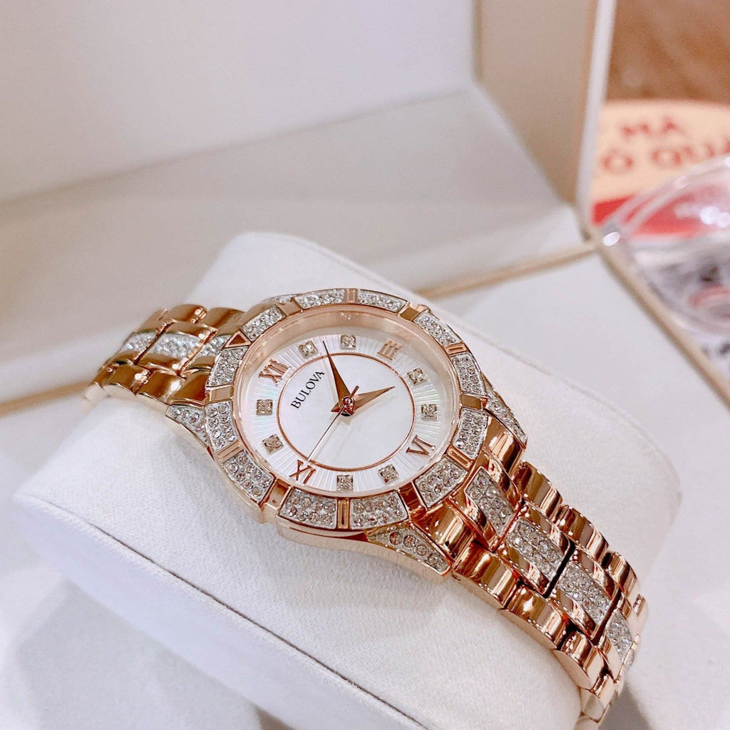Bulova Crystal Mother of Pearl Dial Rose Gold Steel Strap Watch for Women - 98L197 Buy Now By Bulova
