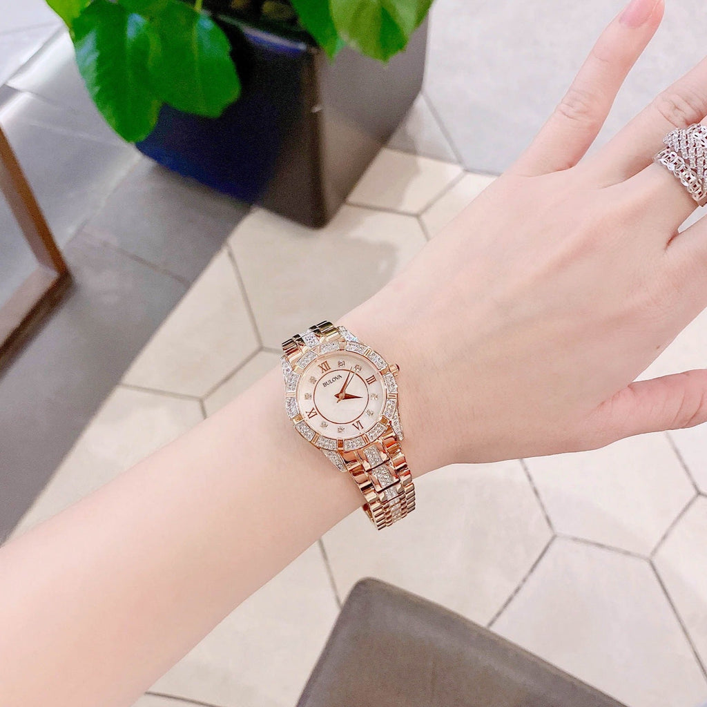 Bulova Crystal Mother of Pearl Dial Rose Gold Steel Strap Watch for Women - 98L197 Buy Now By Bulova