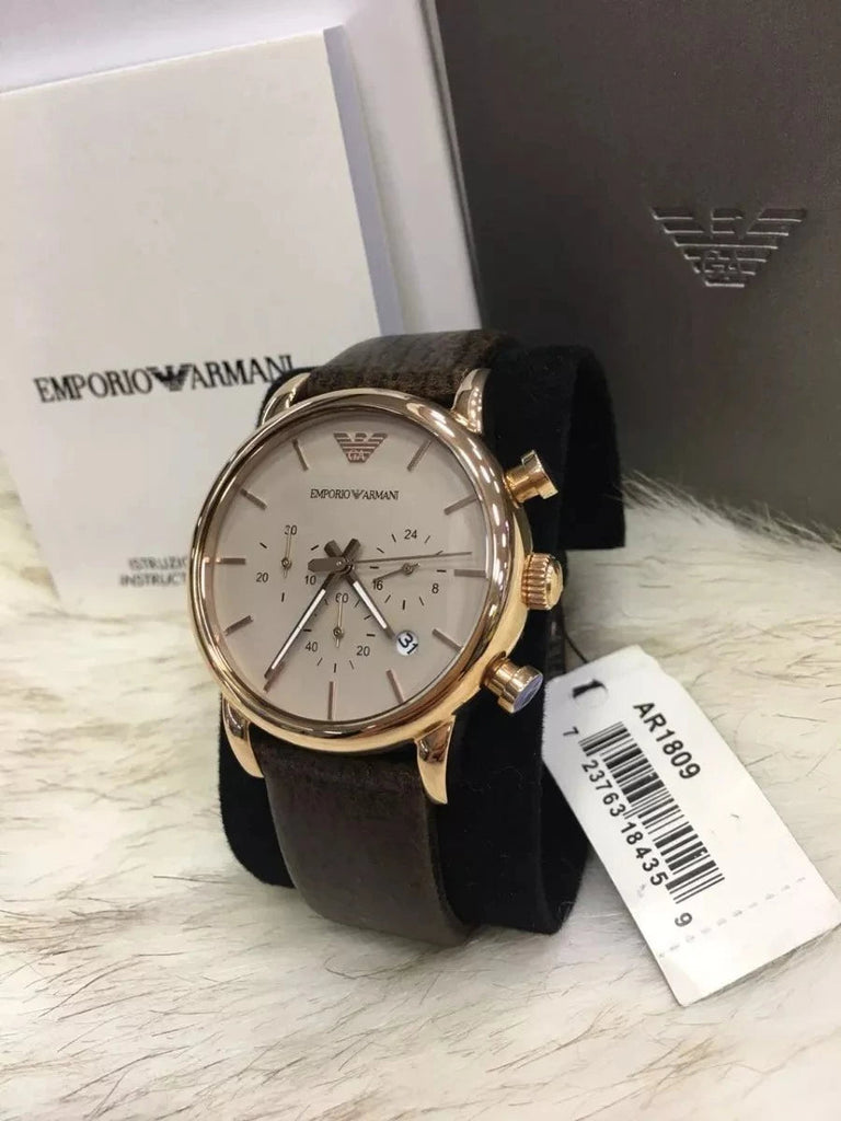 Emporio Armani Classic Chronograph White Dial Brown Leather Strap Watch For Men - AR1809 Buy Now By Emporio Armani