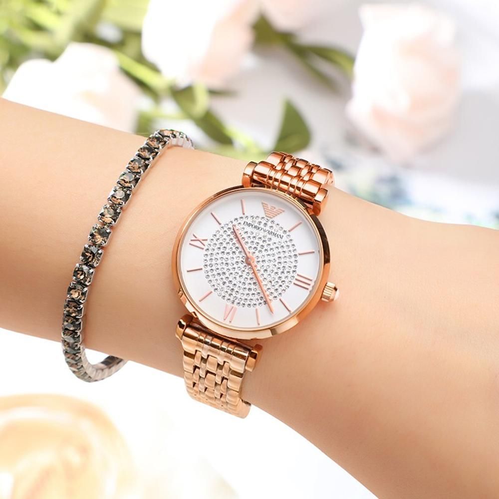 Emporio Armani T-Bar Gianni Crystal Pave Dial Rose Gold Steel Strap Watch For Women - AR11244 Buy Now By Emporio Armani
