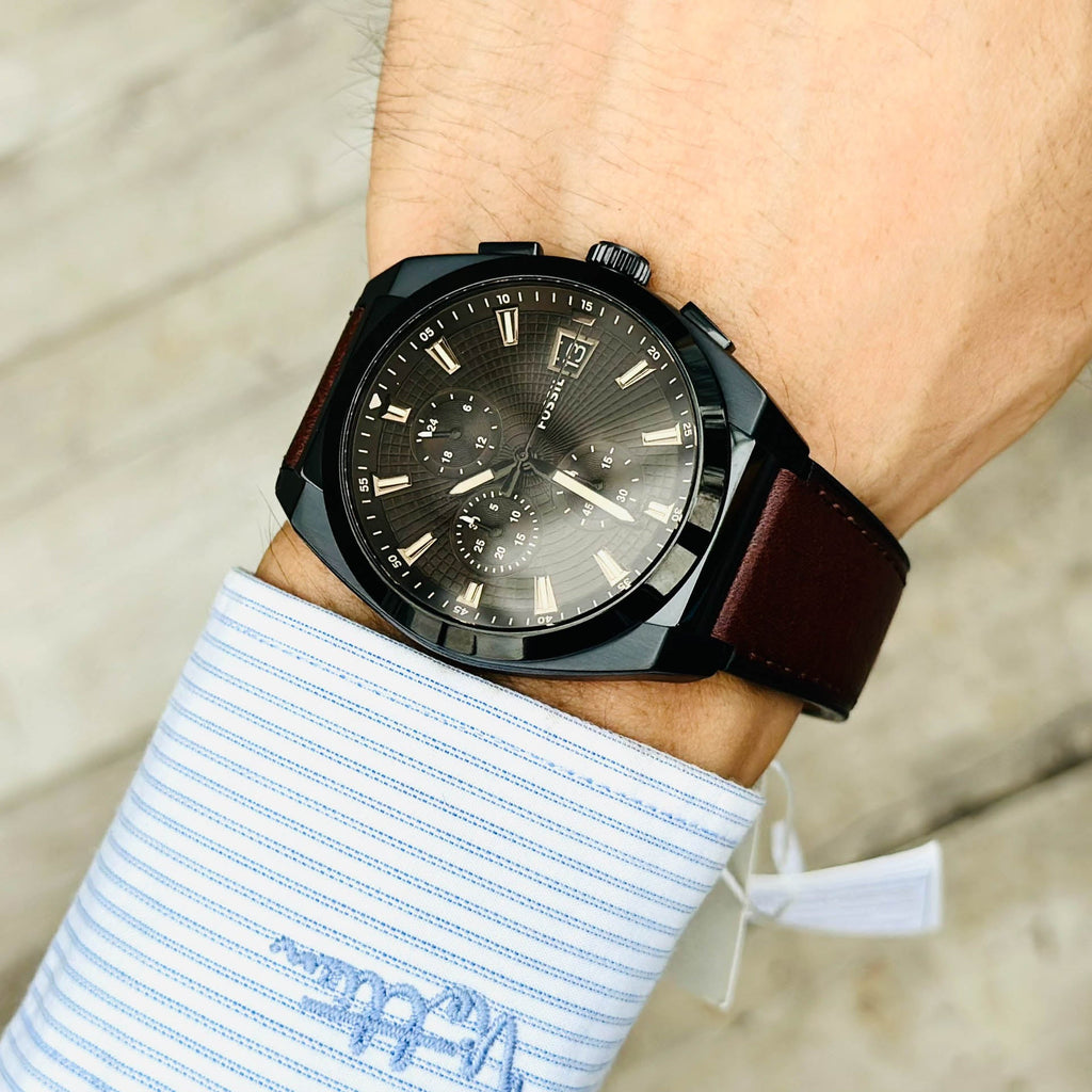 Fossil Everett Chronograph Black Dial Brown Leather Strap Watch for Men - FS5798 Buy Now By Fossil