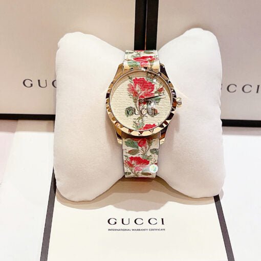 Gucci G Timeless Floral Gold Dial White Leather Strap Watch For Women - YA1264084 Buy Now By Gucci