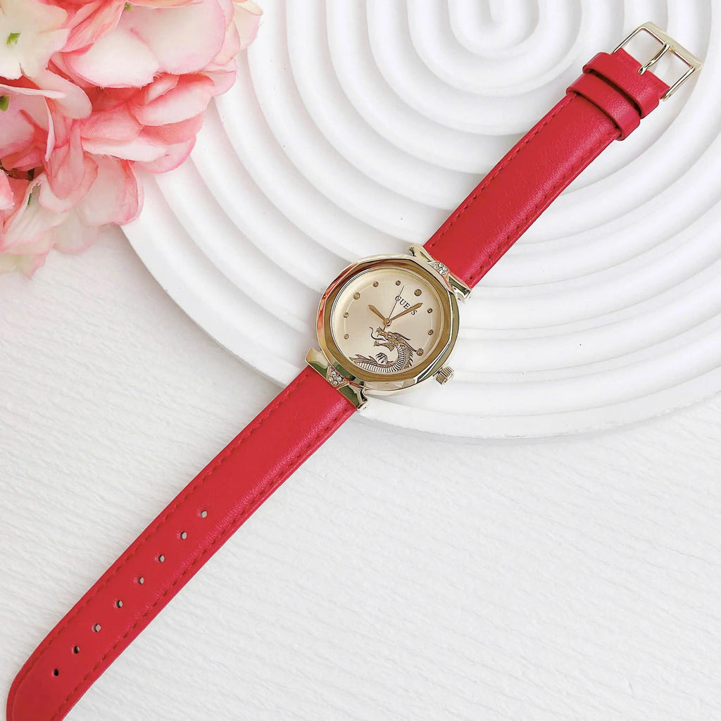 Guess Trend Dragon Gold Dial Red Leather Strap Watch For Women - GW0646L1 Buy Now By Guess