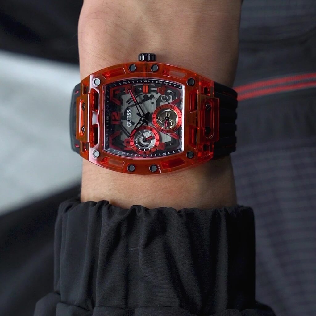 Guess Phoenix Multifunction Analog Red Dial Black Silicone Strap Watch For Men - GW0499G4 Buy Now By Guess