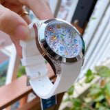 Guess Wanderlust Crystals Silver Dial White Rubber Strap Watch for Women - W1059L1 Buy Now By Guess