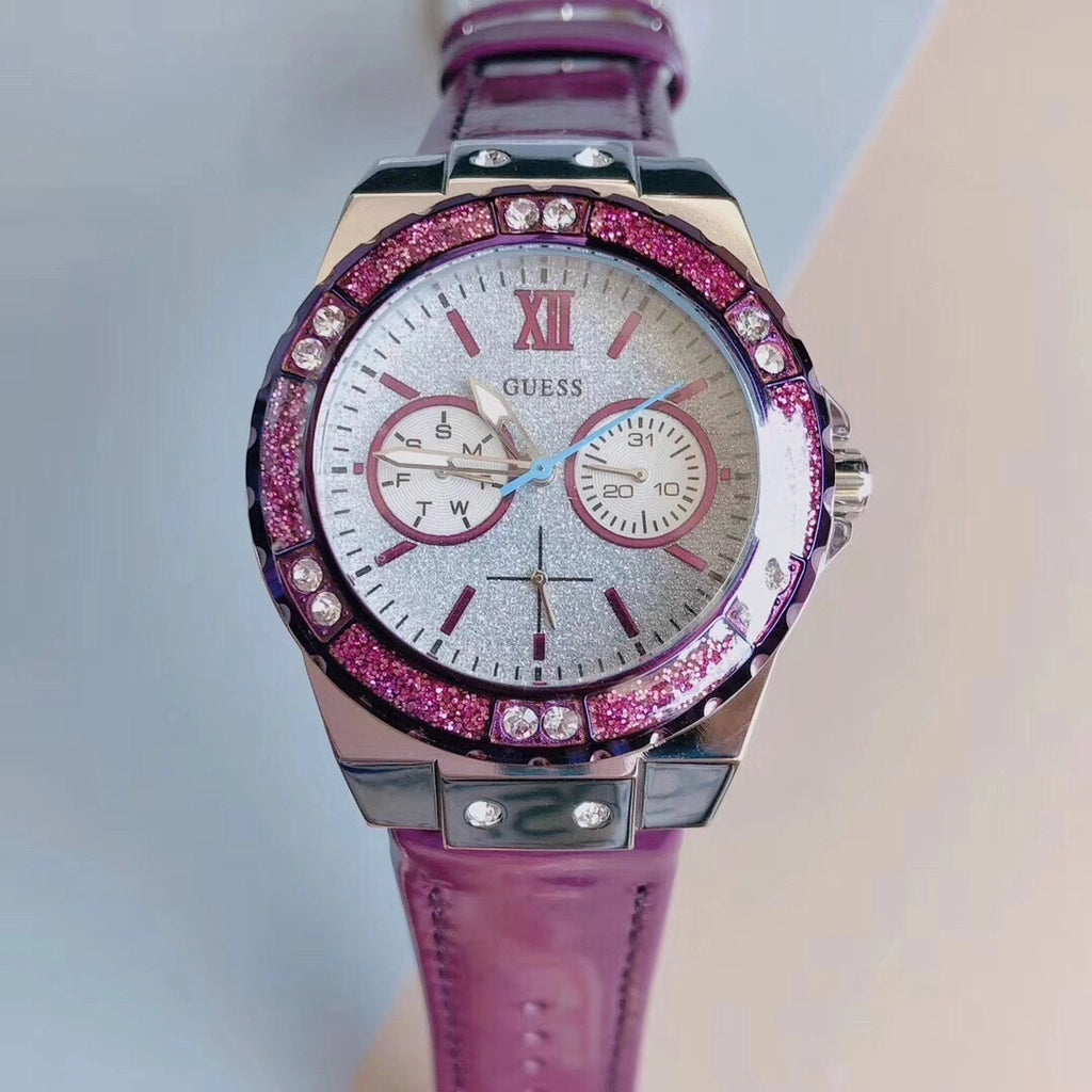 Guess Limelight Quartz Silver Dial Purple Leather Strap Watch For Women - W0775L6 Buy Now By Guess
