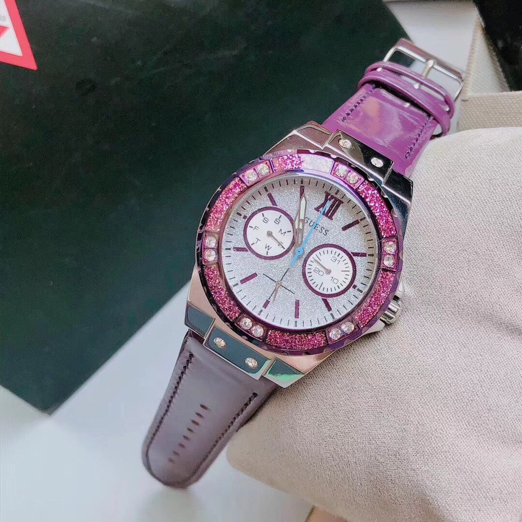 Guess Limelight Quartz Silver Dial Purple Leather Strap Watch For Women - W0775L6 Buy Now By Guess