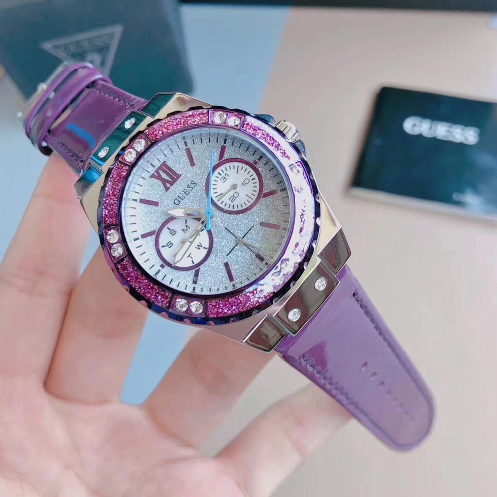 Guess Limelight Quartz Silver Dial Purple Leather Strap Watch For Women - W0775L6 Buy Now By Guess