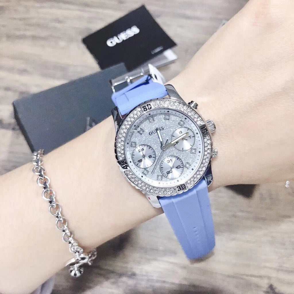 Guess Confetti Crystal Silver Dial Blue Rubber Strap Watch For Women - W1098L3 Buy Now By Guess