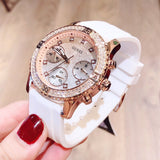 Guess Confetti Crystal Rose Gold Dial White Silicone Strap Watch For Women - W1098L5 Buy Now By Guess
