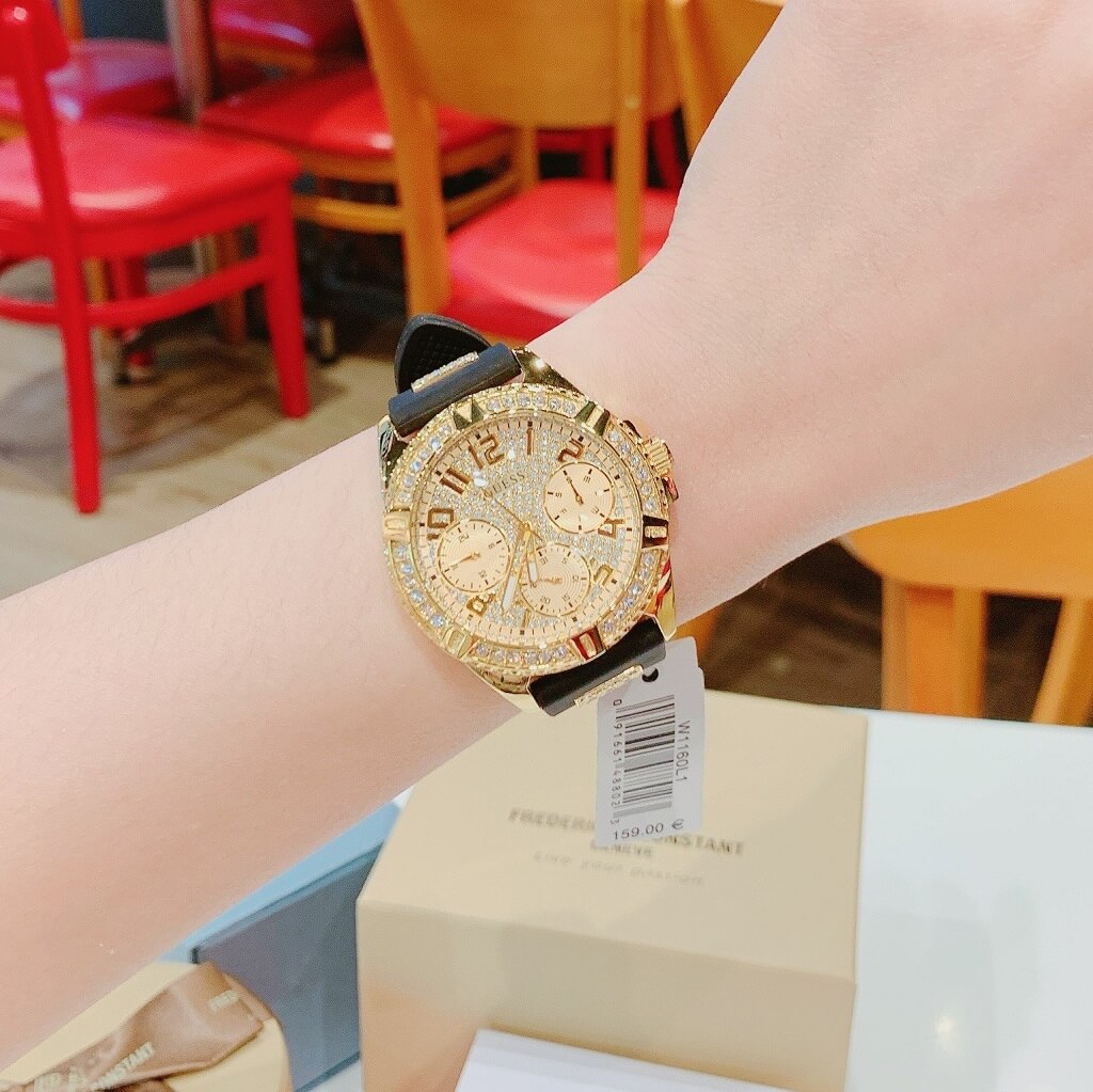 Guess Frontier Diamonds Gold Dial Black Rubber Strap Watch For Women - W1160L1 Buy Now By Guess