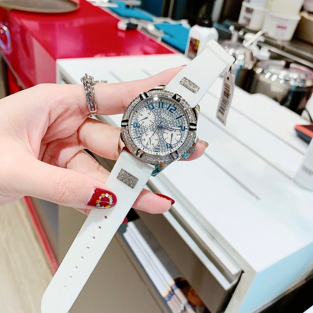 Guess Frontier Diamonds Silver Dial White Rubber Strap Watch For Women - W1160L4 Buy Now By Guess