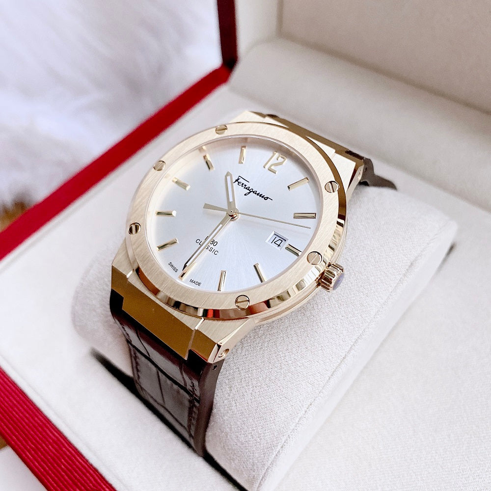 Salvatore Ferragamo F-80 Classic Silver Dial Brown Leather Strap Watch for Men - SFDT00419 Buy Now By Salvatore Ferragamo