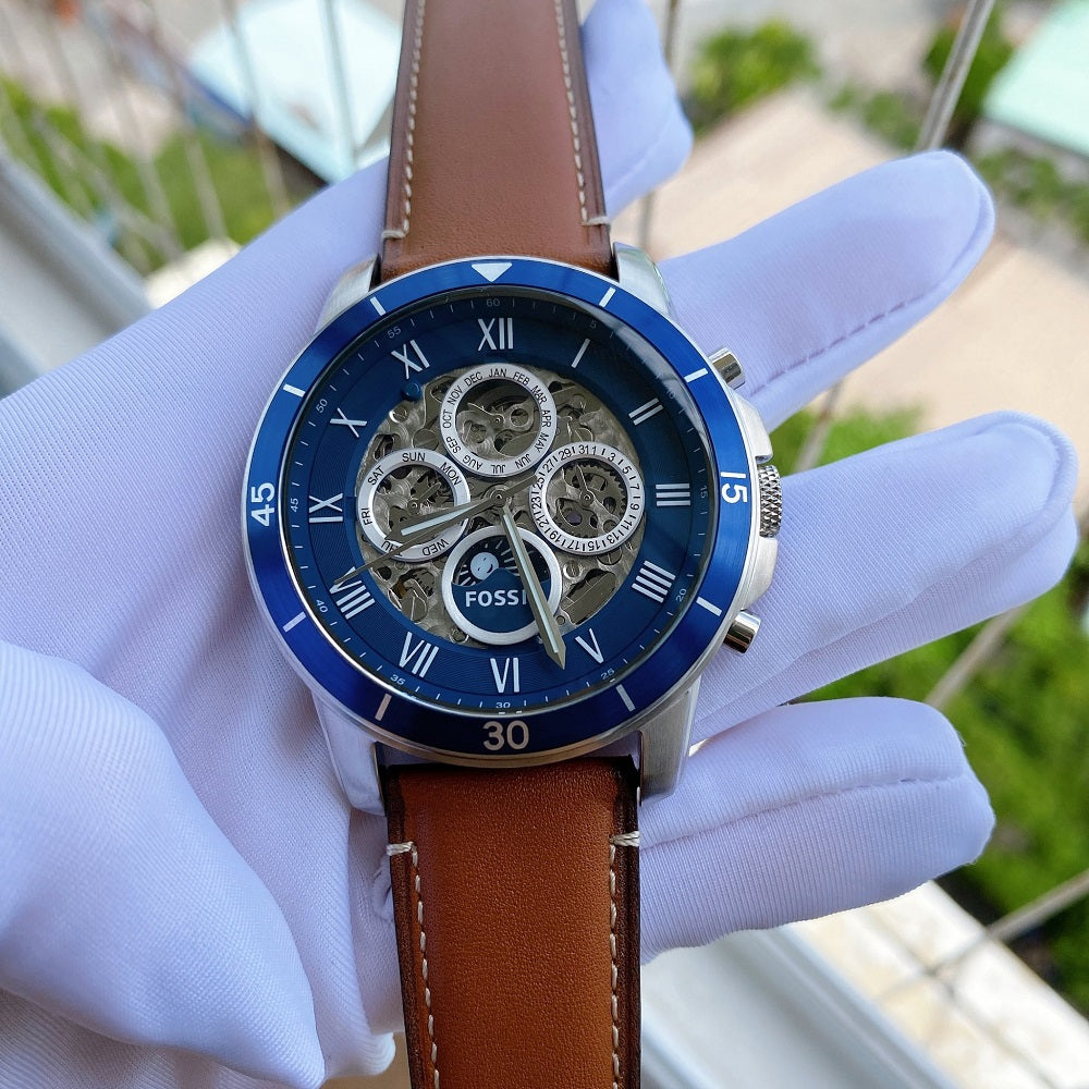 Fossil Grant Sport Automatic Skeleton Blue Dial Brown Leather Strap Watch for Men - ME3140 Buy Now By Fossil