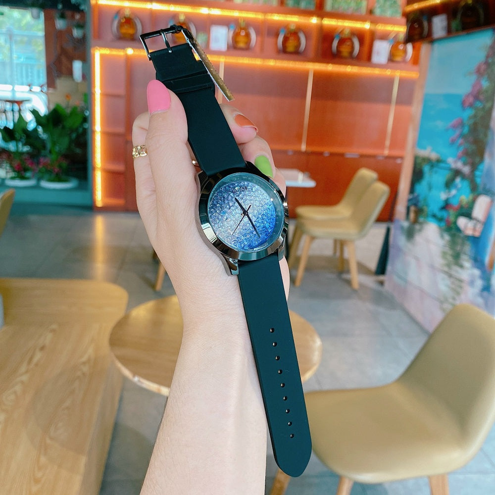 Guess Crush Crystals Silver Dial Black Rubber Strap Watch for Women - W1223L4 Buy Now By Guess