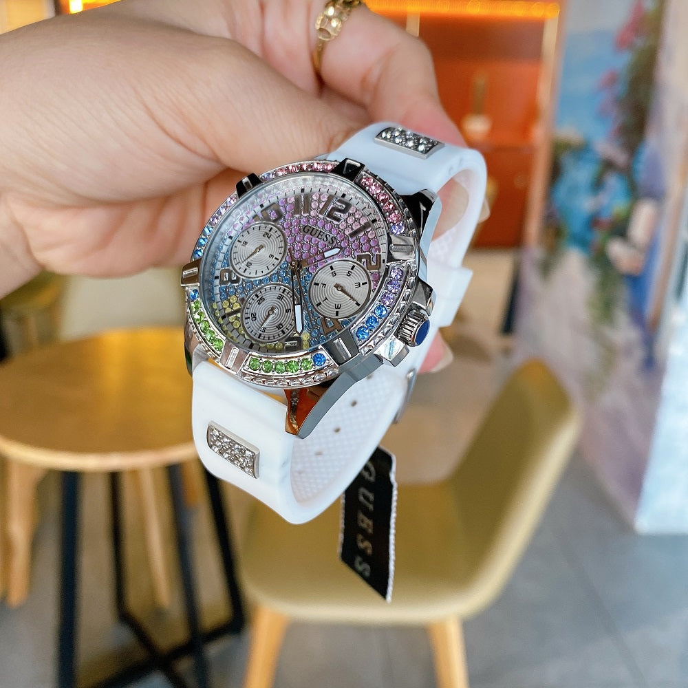 Guess Frontier Diamonds Silver Dial White Rubber Strap Watch for Women - GW0045L1 Buy Now By Guess